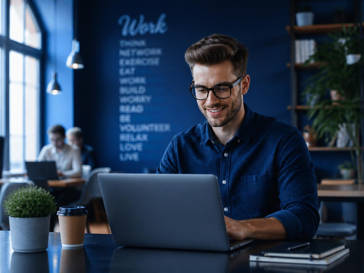 Freelancer profesional bekerja dengan laptop di ruang kerja bersama